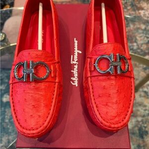 Salvatore Ferragamo Orange Red Gancini Driving Loafers